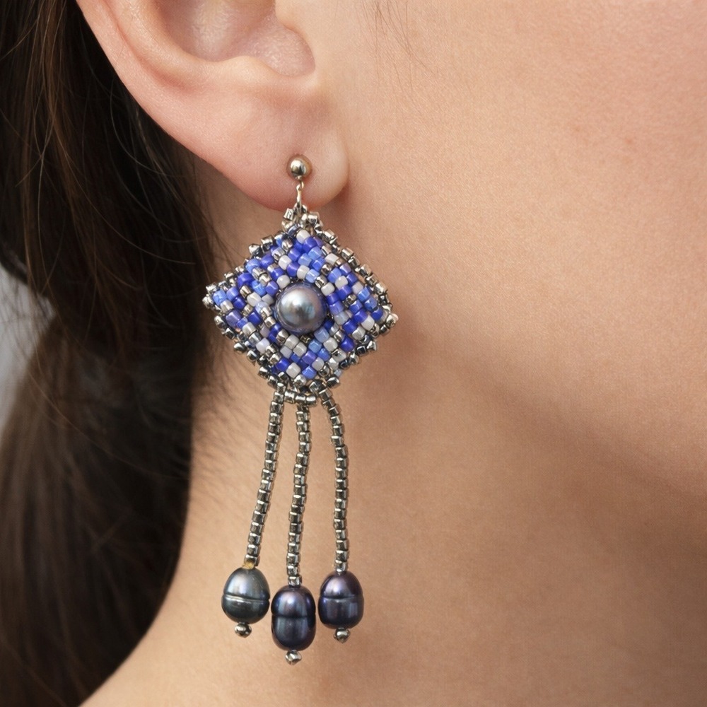 Handwoven Seed Bead & Pearl Dangle Earrings Blue Silver Beaded Artisan Boho 2"